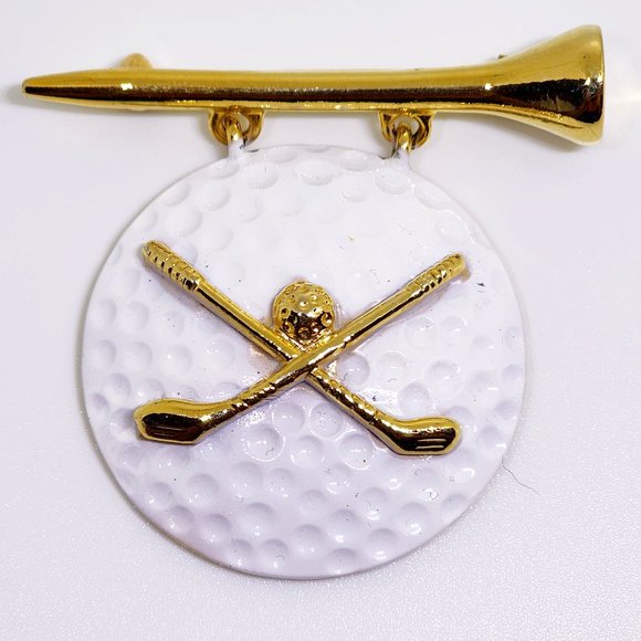 Vintage AJC Goldtone Golf Tee with White Enamel Golf Ball Cross Clubs Pin Brooch - Picture 2 of 7